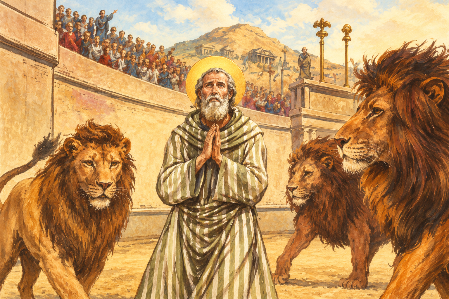 San Ignacio de Antioquía en oración rodeado de leones, santo del 17 de octubre
