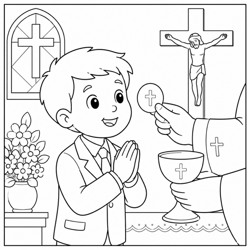 Niño en la eucaristía para colorear
