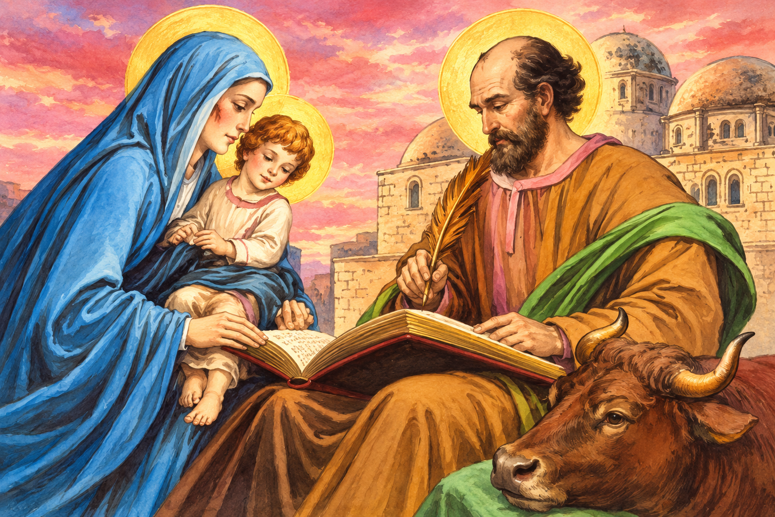 San Lucas evangelista escribiendo junto a la Virgen María y el Niño Jesús, con un buey en primer plano