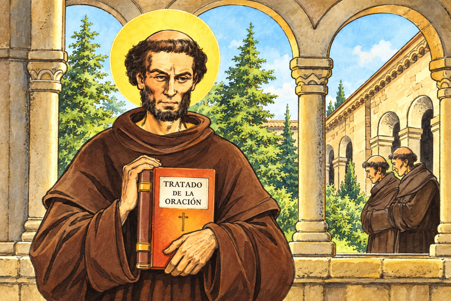 San Pedro de Alcántara con hábito franciscano sosteniendo el Tratado de la oración en un claustro